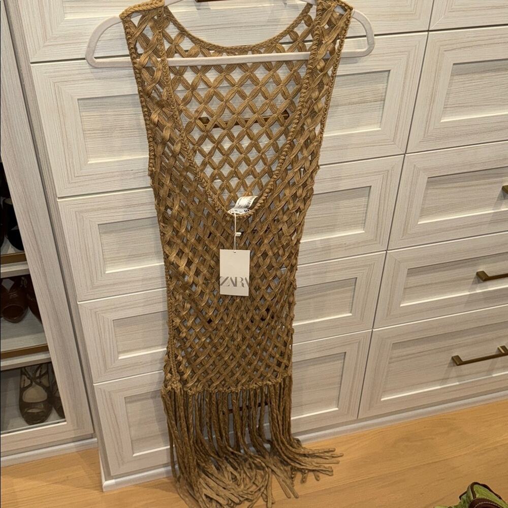 ZARA WOMEN MESH DRESS WITH FRING BEACH COVERUP Tan Crochet Small - Picture 12 of 13